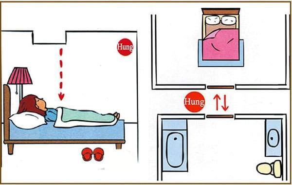 Giường ngủ đối diện cửa nhà vệ sinh